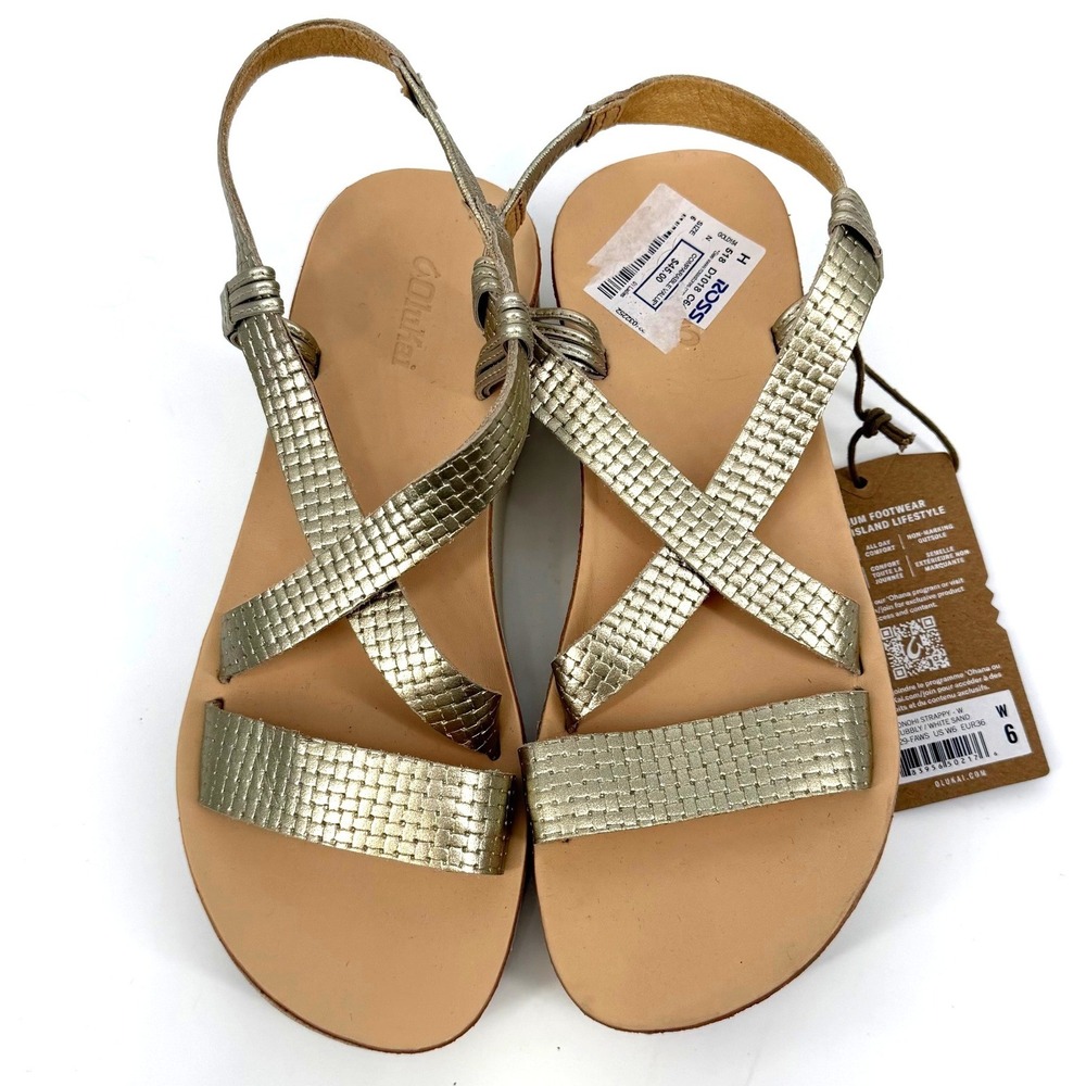 NWT OluKai Onohi Strappy Bubbly Gold Metallic Leather Platform Wedge‎ Sandals W6 - Picture 4 of 10